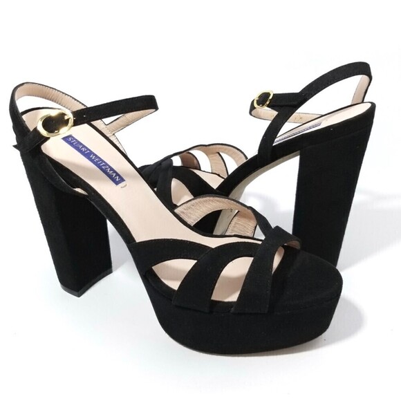 NWT Stuart Weitzman Misty 90s Platform Black Suede Strappy Chunky Block Heel 9.5 - Picture 2 of 13